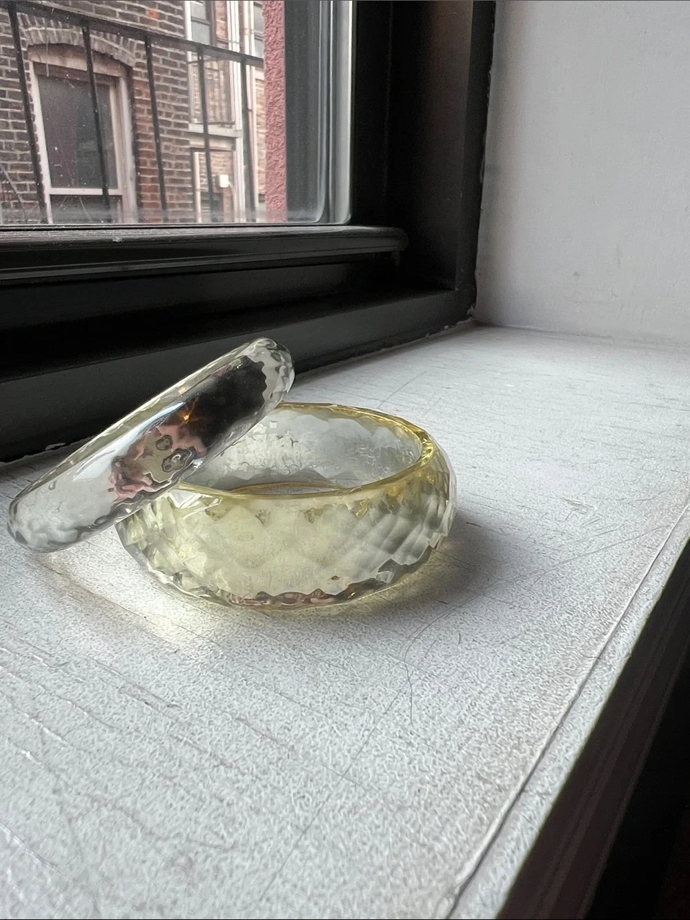 Faceted Pale Yellow and Clear Glass Bangle Bracelets - Women Jewelry
